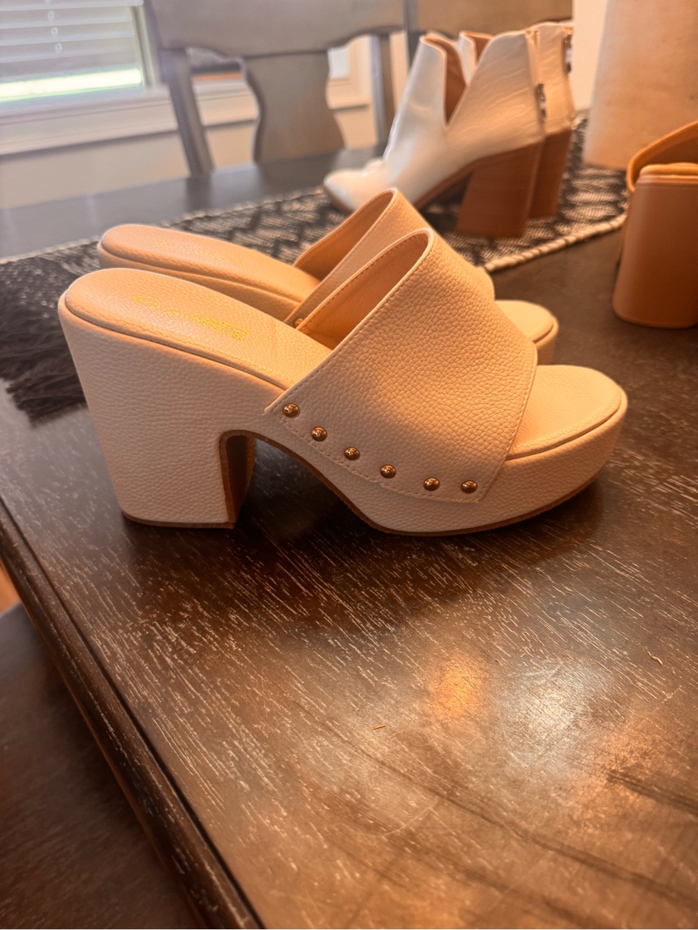 Beige Platform Slide Heels with Stud Detail - Women